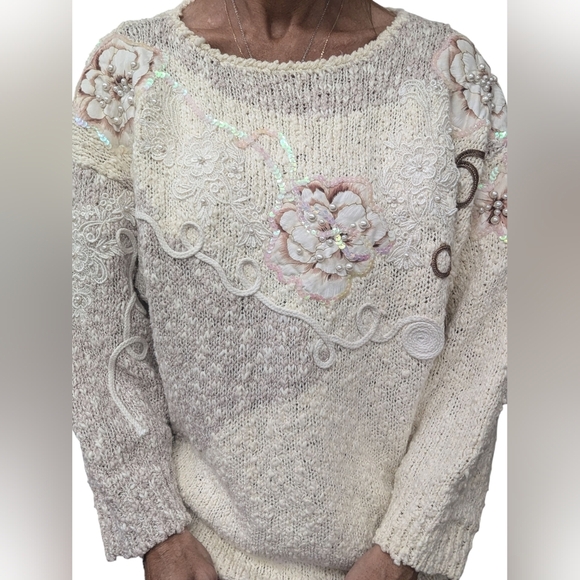 Vintage Bonnie & Bill by Holly Floral Appliqué Sequin Knit Sweater M Korea - Picture 14 of 16